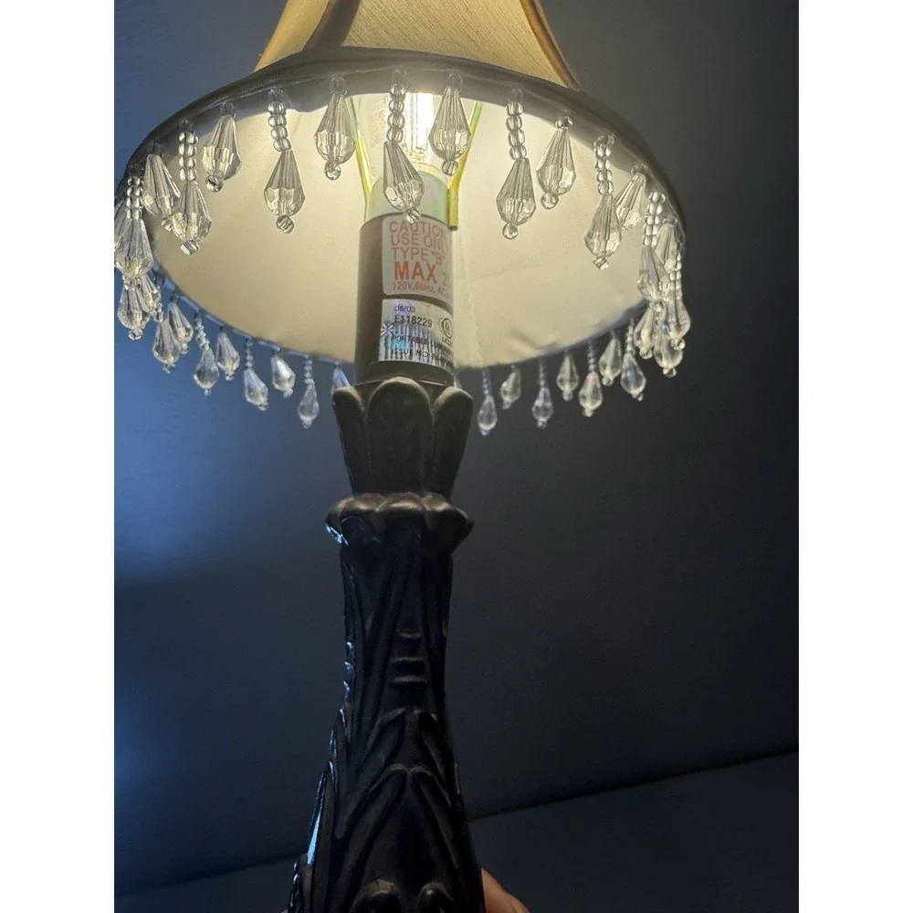 Vintage Accent Table Lamp With Beaded Fringe Bell Shade Resin Base Ornate